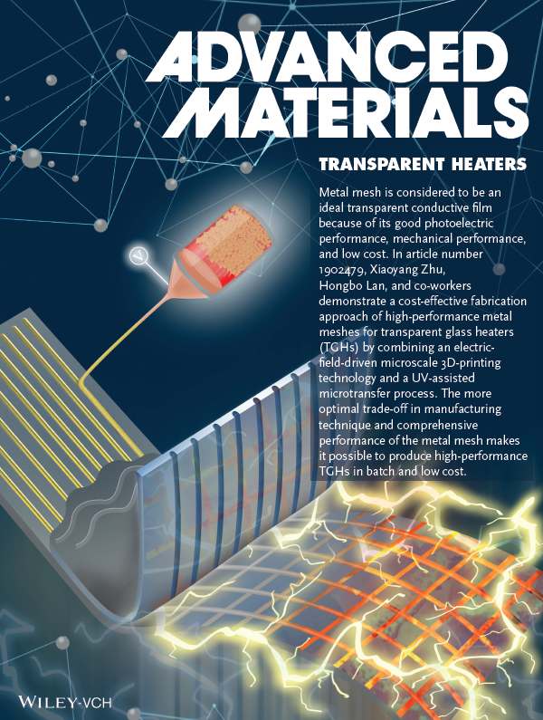 LetPub Journal Cover Art, Transparent Heaters: Fabrication of High‐Performance Silver Mesh for Transparent Glass Heaters via Electric‐Field‐Driven Microscale 3D Printing and UV‐Assisted Microtransfer